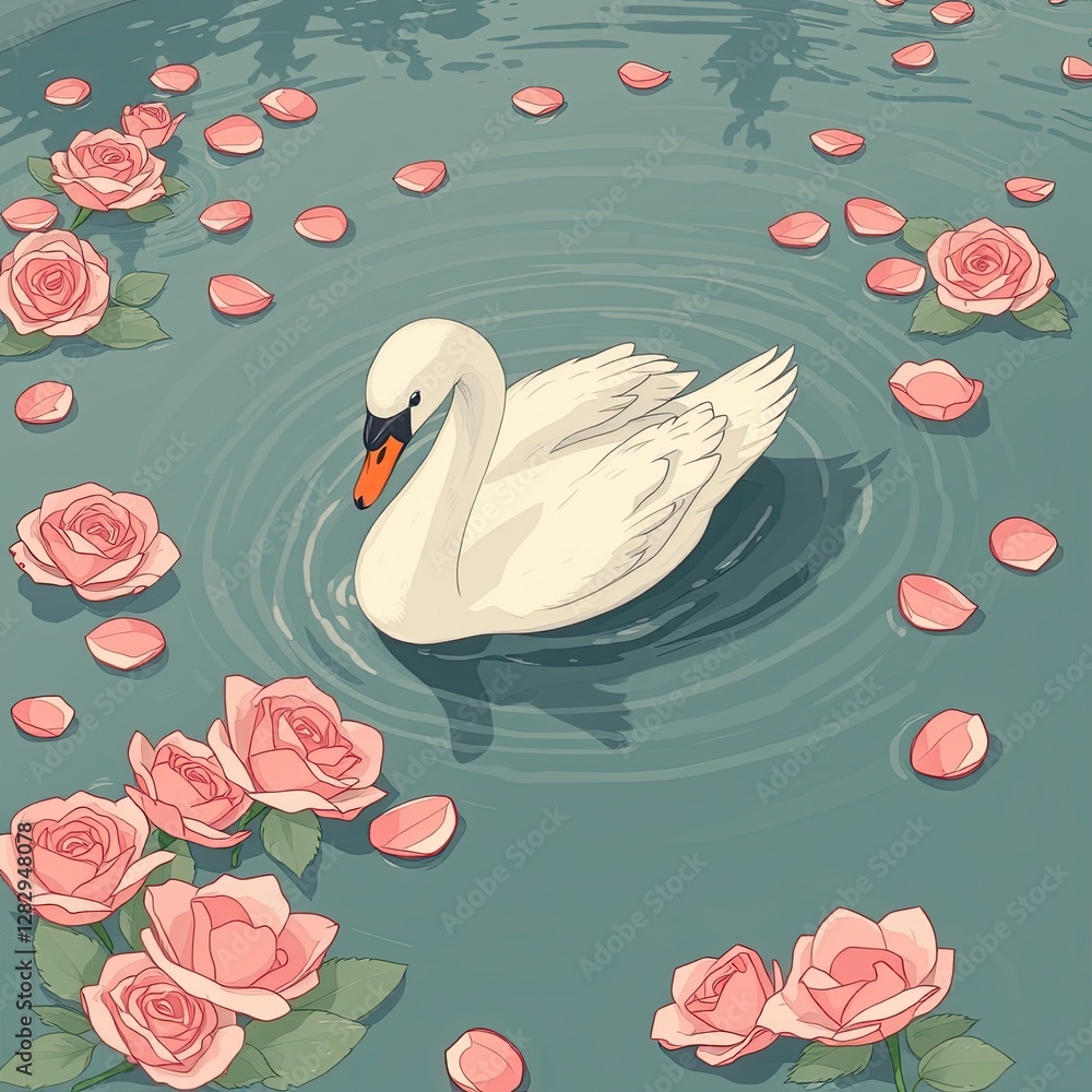 Serene Swan Amidst Floating Roses and Petals Serene Swan Amidst Floating Roses and Petals