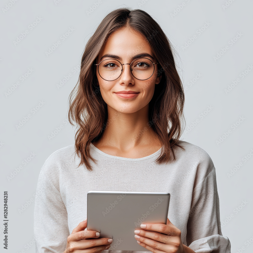 Fototapeta premium Engaging young woman using tablet minimalist studio portrait photography neutral background modern concept