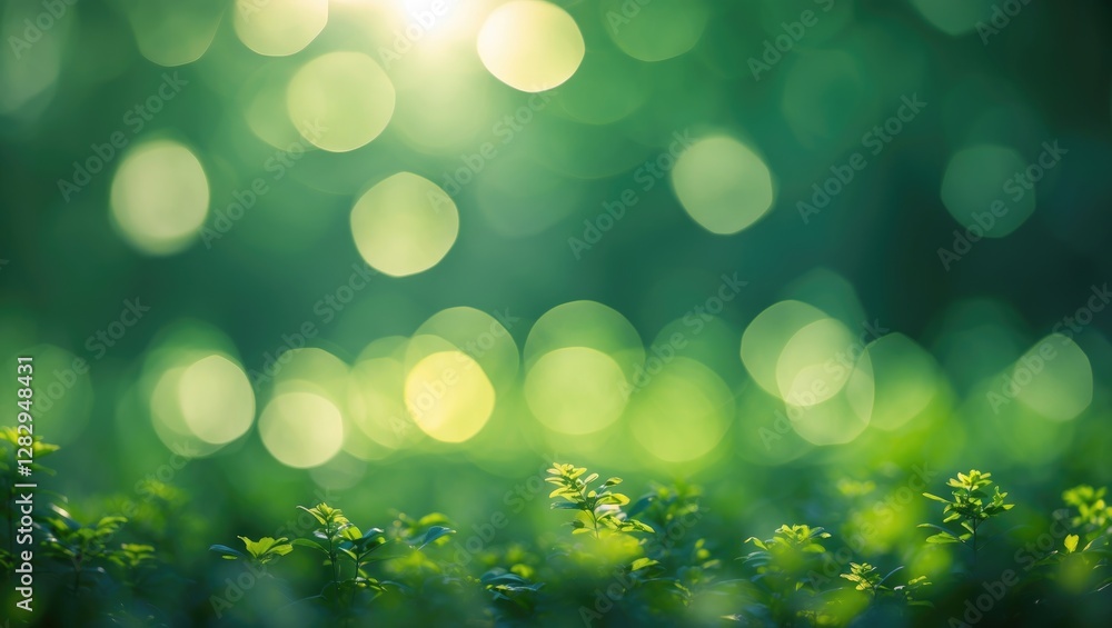 Obraz premium Blurred green foliage with sunlight filtering through and creating bokeh effect in a natural setting for environmental themes.