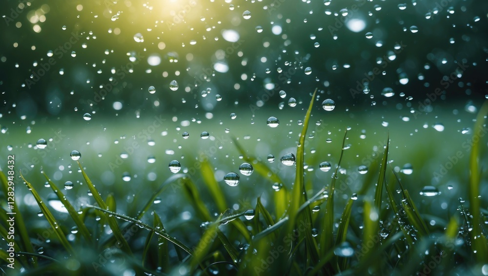 Close-up view of dewdrops on green grass blades with a blurred natural background and sunlight illuminating the scene Close-up view of dewdrops on green grass blades with a blurred natural background and sunlight illuminating the scene