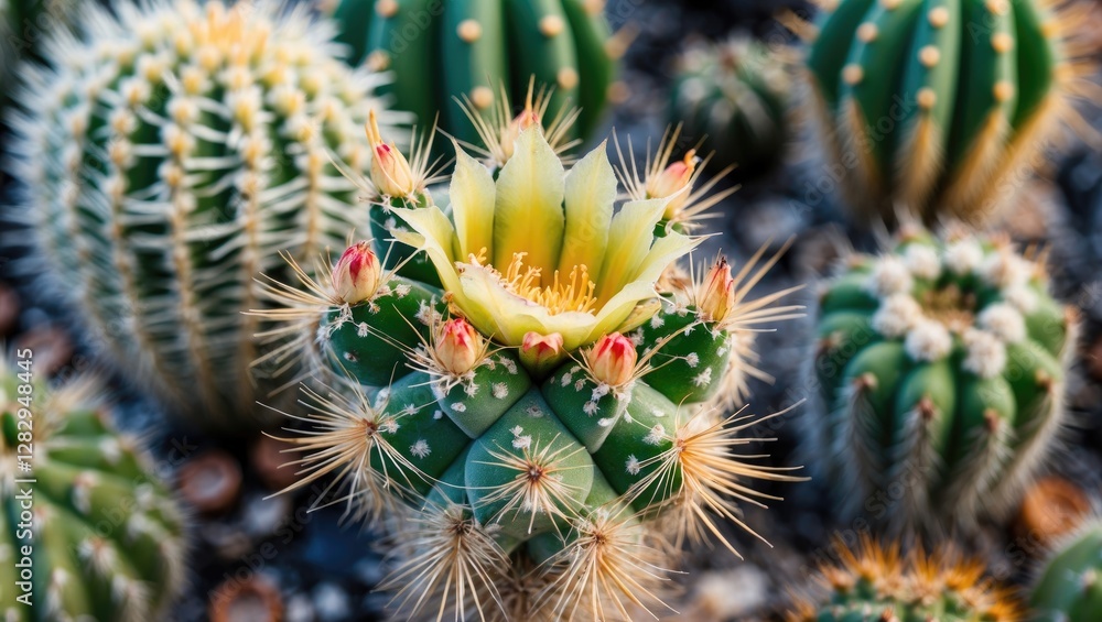 Cacti garden display featuring a blooming cactus with yellow flower and spiky green plants in natural sunlight Cacti garden display featuring a blooming cactus with yellow flower and spiky green plants in natural sunlight