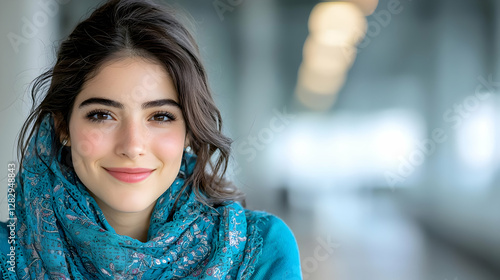 Wallpaper Mural Smiling young woman in teal scarf, modern building background; ideal for websites, magazines, and advertising Torontodigital.ca
