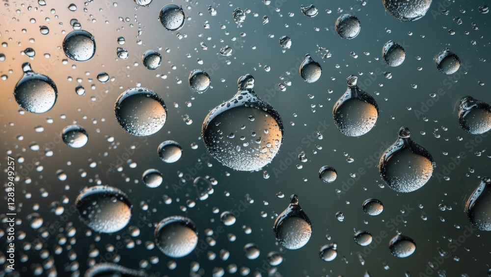 Close up of water droplets on glass surface with soft blurred background and light reflections Close up of water droplets on glass surface with soft blurred background and light reflections