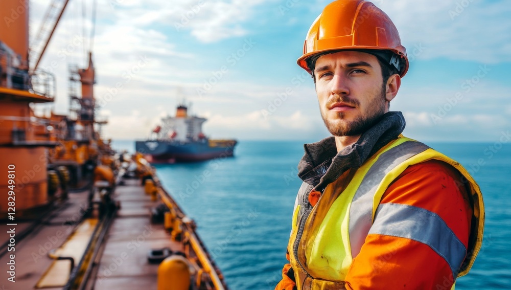 industrial worker in uniform stands on the deck near cargo ship industrial worker in uniform stands on the deck near cargo ship