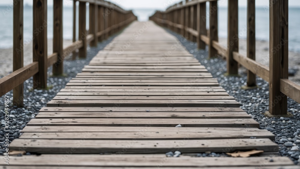 Wooden walkway extending towards the water with railings and pebbles along the sides on a cloudy day