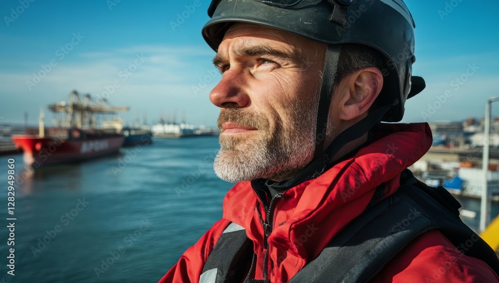 Obraz premium close-up of industrial worker in helmet and safety jacket stands on the deck near cargo ship