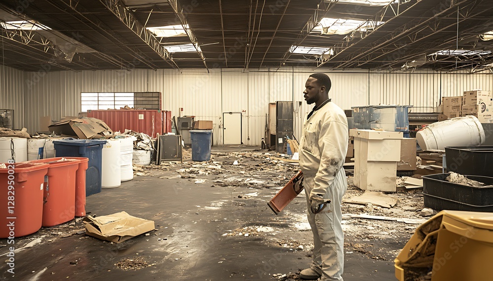 Man working in abandoned warehouse Man working in abandoned warehouse