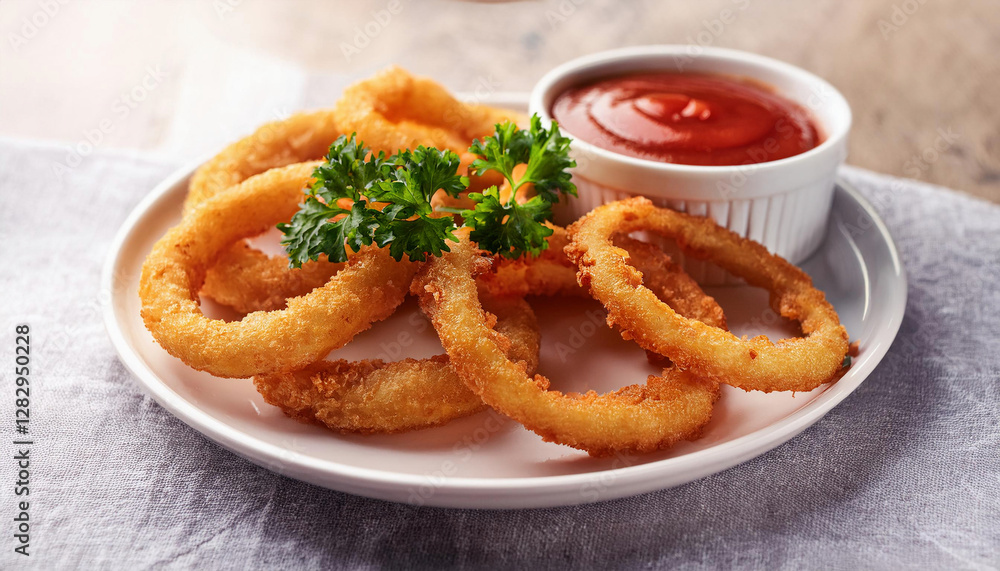 A plate of crispy golden onion rings is served with a side of ketchup and garnished with fresh parsley. A plate of crispy golden onion rings is served with a side of ketchup and garnished with fresh parsley.