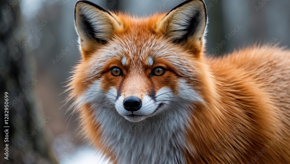 Fototapeta premium Red fox close-up portrait with detailed fur texture and sharp eyes in a natural habitat setting.