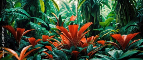 Lush tropical jungle with vibrant red foliage and dense green plants creating a rich natural landscape background