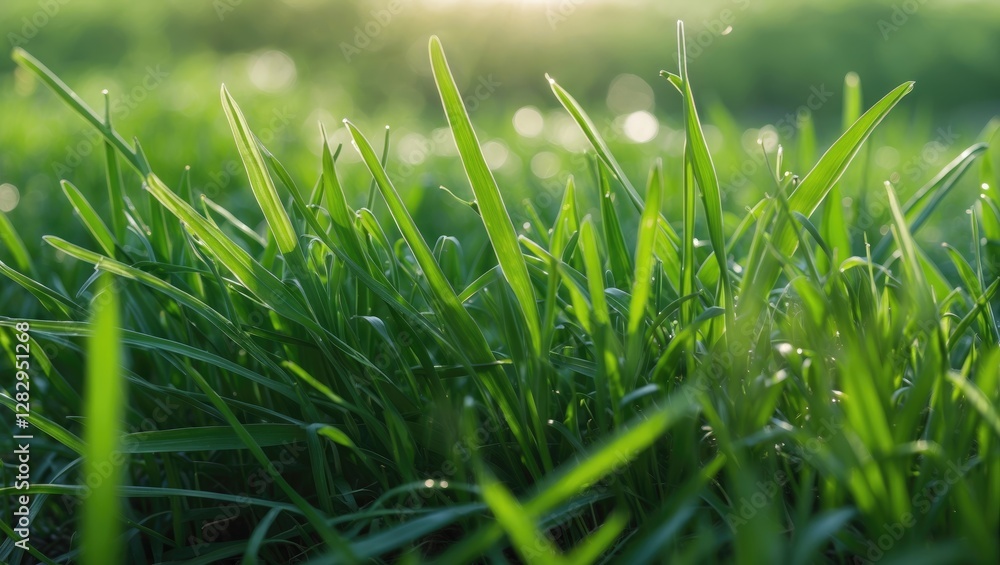 Obraz premium Green grass close-up with dew drops illuminated by sunlight showcasing freshness and natural beauty of a grassy field.