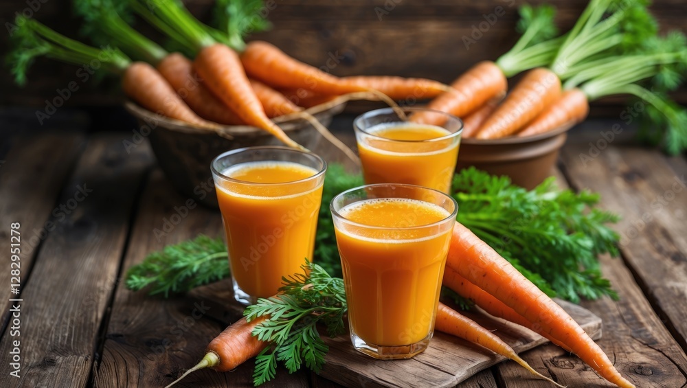 Carrot juice in glasses with fresh carrots and greens on wooden table setting natural food photography Carrot juice in glasses with fresh carrots and greens on wooden table setting natural food photography