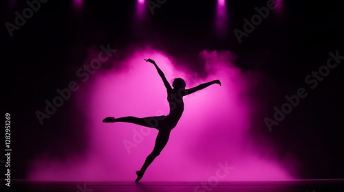 Silhouette of graceful ballerina dancing on stage with pink lights and smoke.