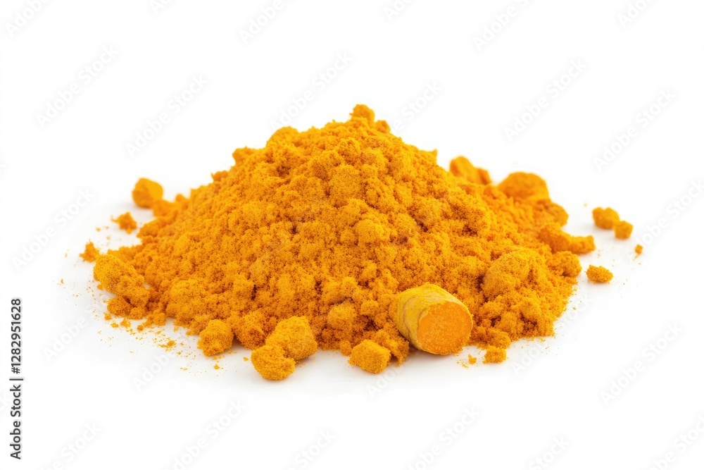Turmeric powder pile with a root piece Turmeric powder pile with a root piece