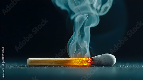 Burning Matchstick with Smoke against Dark Background Depicting Danger and Heat