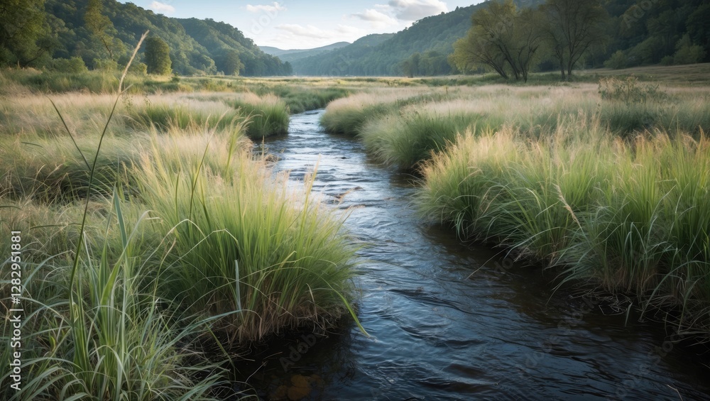 Serene river flowing through grassy landscape in a valley surrounded by mountains under a clear sky. Serene river flowing through grassy landscape in a valley surrounded by mountains under a clear sky.