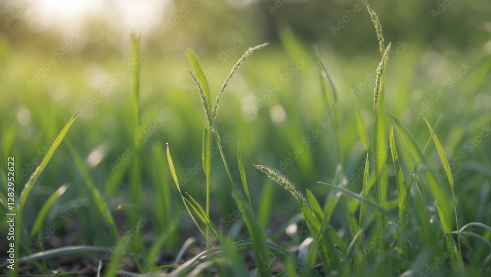 Lush green grass with dew droplets in a sunlight filled field during golden hour showcasing nature's tranquility and freshness Lush green grass with dew droplets in a sunlight filled field during golden hour showcasing nature's tranquility and freshness