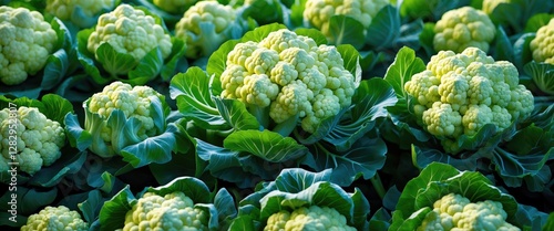 Fresh green cauliflower heads growing in a vibrant field with lush green leaves in a sunny environment.