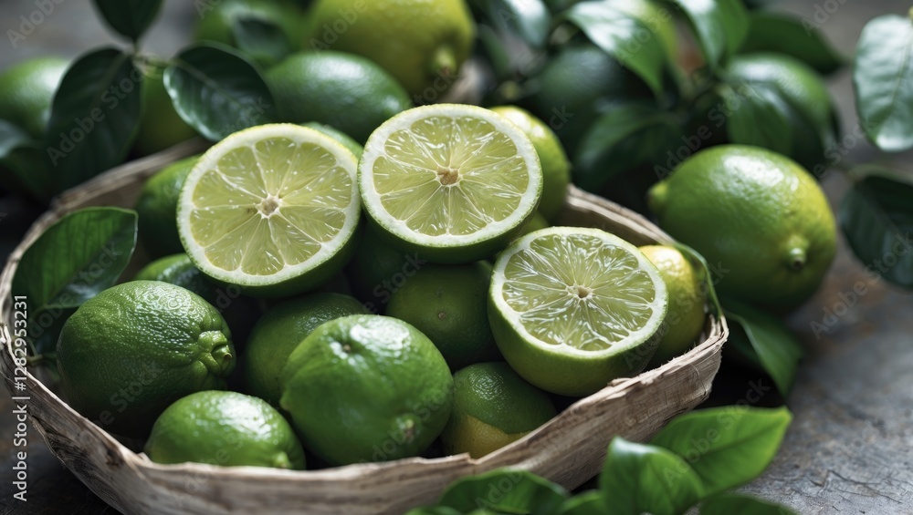 Fresh green limes and halved lime slices arranged in a basket with green leaves on a rustic surface Fresh green limes and halved lime slices arranged in a basket with green leaves on a rustic surface