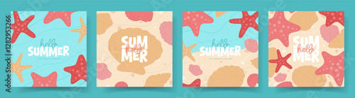 Set creative Summer cards. Vector banners with hand-drawn seashells and starfishes for decoration summer event, card, cover, ads, holiday, social media. Summer backgrounds with typography design.