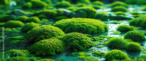 Lush green moss covering rocks and water surface creating a rich textured natural habitat in a serene environment photo