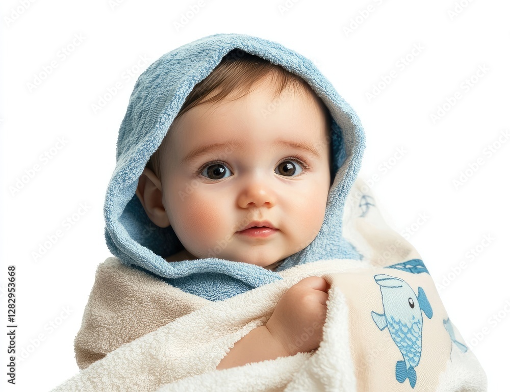 Cute baby wrapped in a towel, isolated on a white background Cute baby wrapped in a towel, isolated on a white background