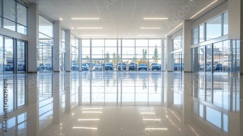 Empty dealership with open showroom and polished floors. Featuring modern design and spacious layout