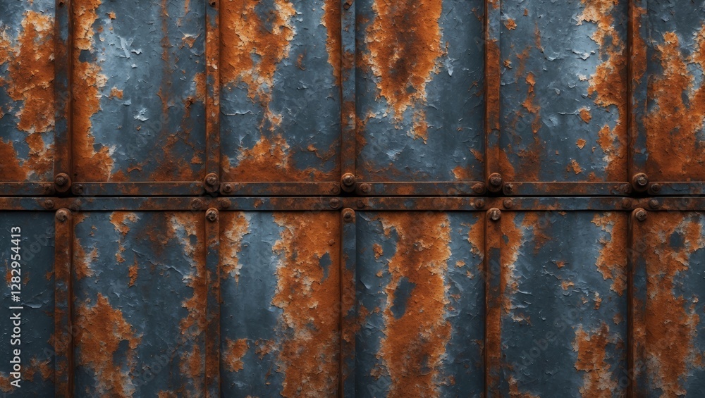 Rusty metal wall with blue paint and orange rust spots, industrial texture background with grid pattern and rivets. Rusty metal wall with blue paint and orange rust spots, industrial texture background with grid pattern and rivets.
