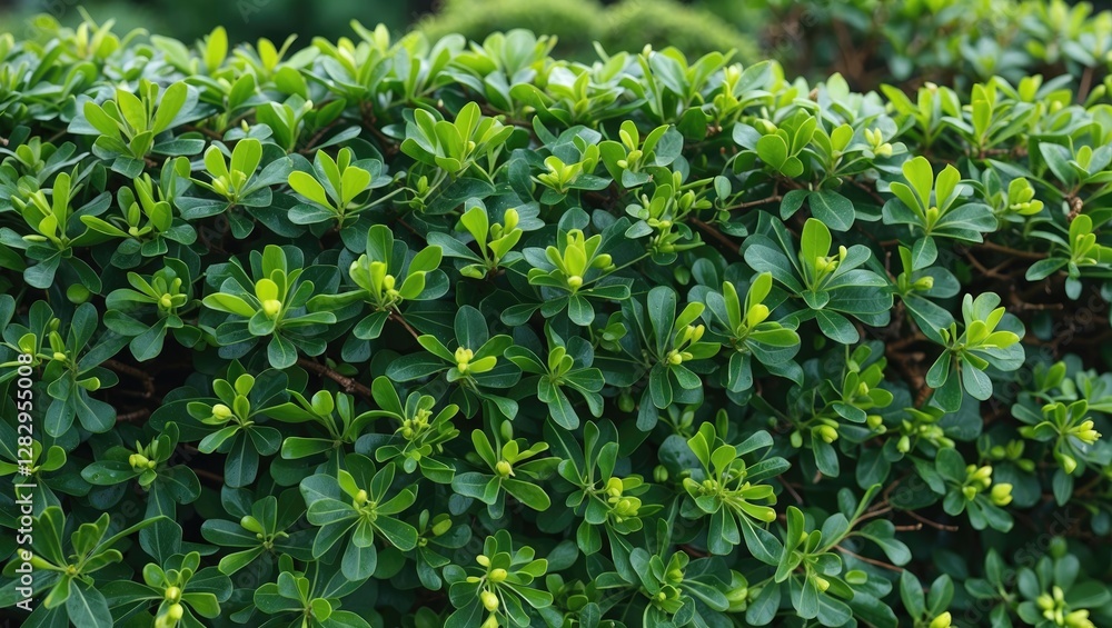 Green leafy hedge with dense foliage and vibrant leaves in natural light, ideal for garden landscaping and outdoor design elements Green leafy hedge with dense foliage and vibrant leaves in natural light, ideal for garden landscaping and outdoor design elements