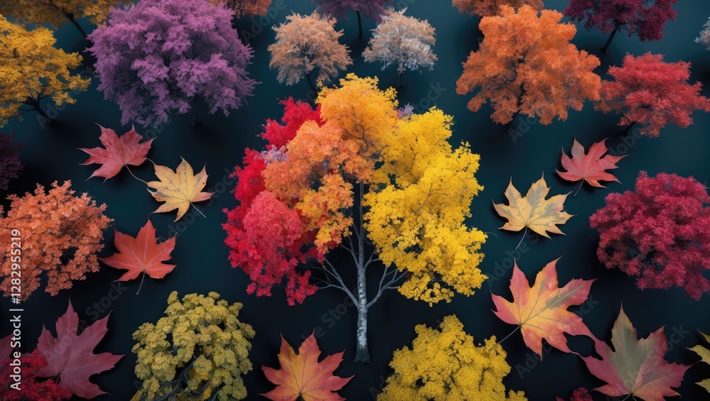 Colorful autumn trees surrounded by vibrant fallen leaves on dark background aerial view Colorful autumn trees surrounded by vibrant fallen leaves on dark background aerial view