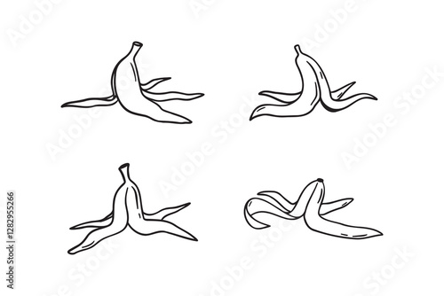 banana peel doodle hand drawn icon set. Outline drawing banana peel line clipart symbol