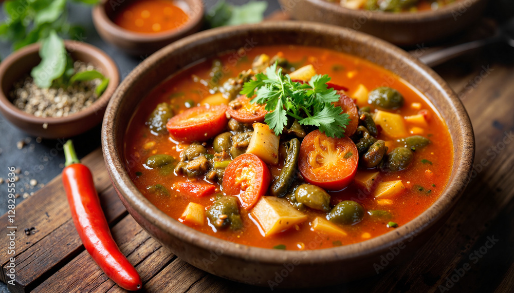 Delicious vegetable soup in bowl with herbs and spices Delicious vegetable soup in bowl with herbs and spices