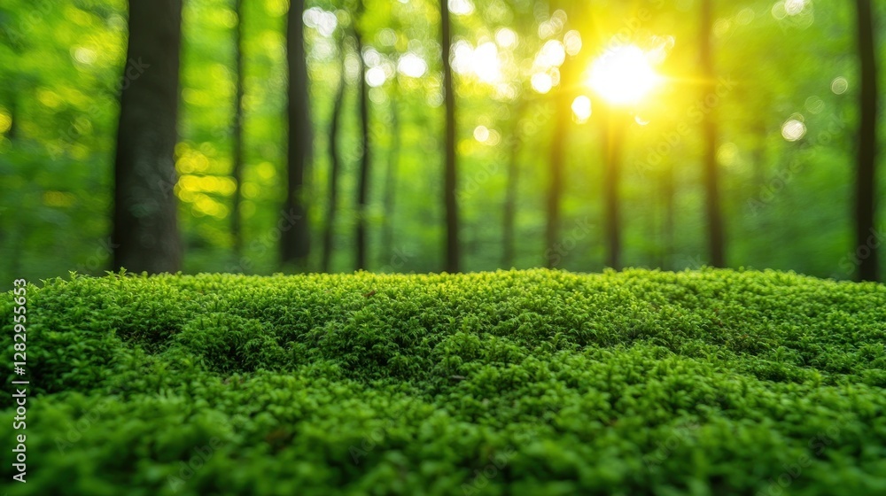 Naklejka premium Sunrise Moss Forest Nature Background