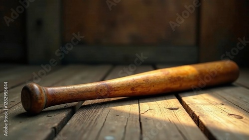 Wallpaper Mural A weathered wooden bat rests on aged planks, bathed in sunlight's warm embrace. Torontodigital.ca