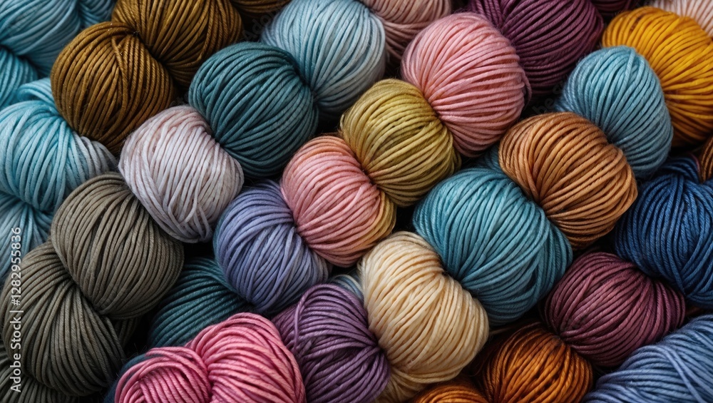 Colored yarn balls in various shades neatly arranged in a textured pattern for textile and craft related concepts Colored yarn balls in various shades neatly arranged in a textured pattern for textile and craft related concepts