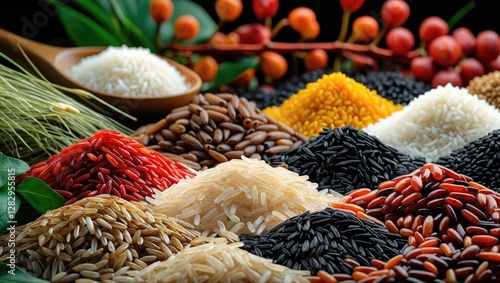 Variety of rice grains and seeds arranged in colorful mounds with decorative plant elements on a dark background