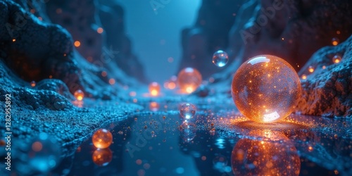 Luminous orbs illuminate a mystical, ethereal landscape of deep blue and fiery orange hues, creating a captivating scene of otherworldly beauty and serene mystery.