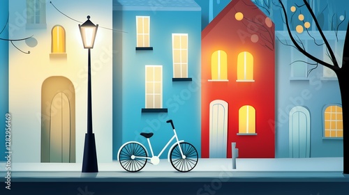Pixel Art Cityscape with Buildings and Bicycle on a Snowy Winter Evening Scene