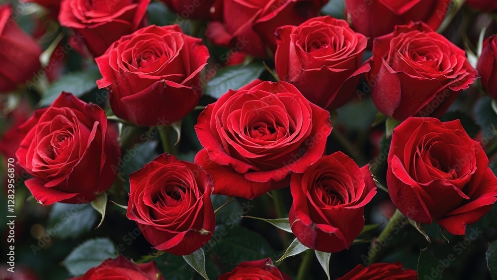 Obraz premium Red roses in full bloom with green leaves background creating a vibrant floral display suitable for various designs and projects.