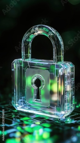 Transparent padlock on digital green background