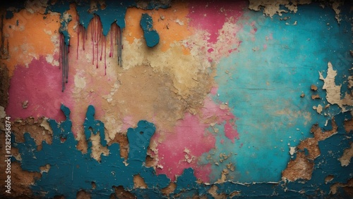 vintage textured wall with peeling paint in vibrant colors blue pink and orange with stains and distressed surface photo