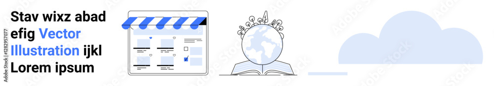 Online storefront with striped awning, learning concept with book and globe, and cloud storage icon. Ideal for e-commerce, education, cloud computing, online libraries, digital storage, global Online storefront with striped awning, learning concept with book and globe, and cloud storage icon. Ideal for e-commerce, education, cloud computing, online libraries, digital storage, global