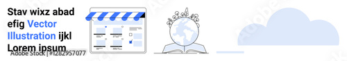 Online storefront with striped awning, learning concept with book and globe, and cloud storage icon. Ideal for e-commerce, education, cloud computing, online libraries, digital storage, global