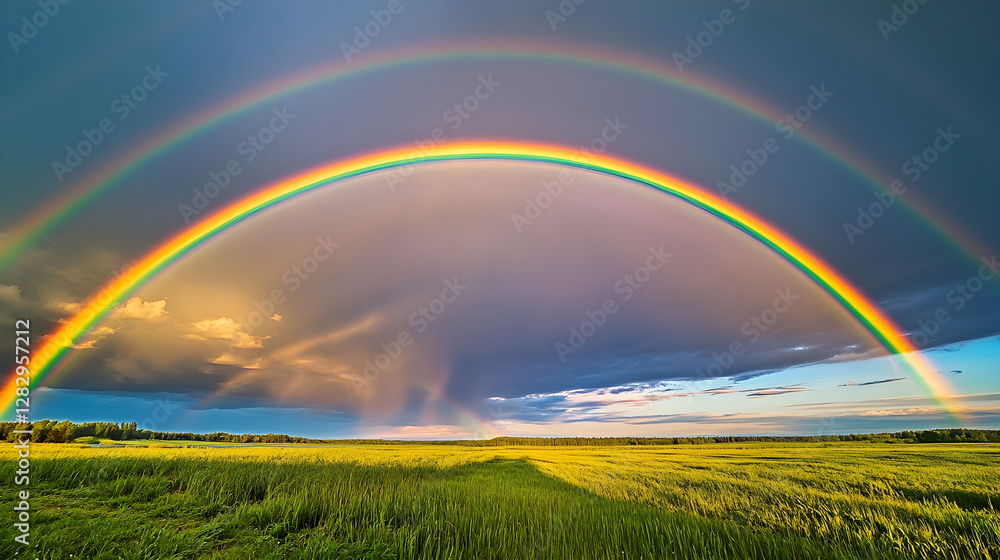 Obraz premium Majestic Quadruple Rainbow Spanning a Serene Landscape with Vibrant Skies and Reflective Waters