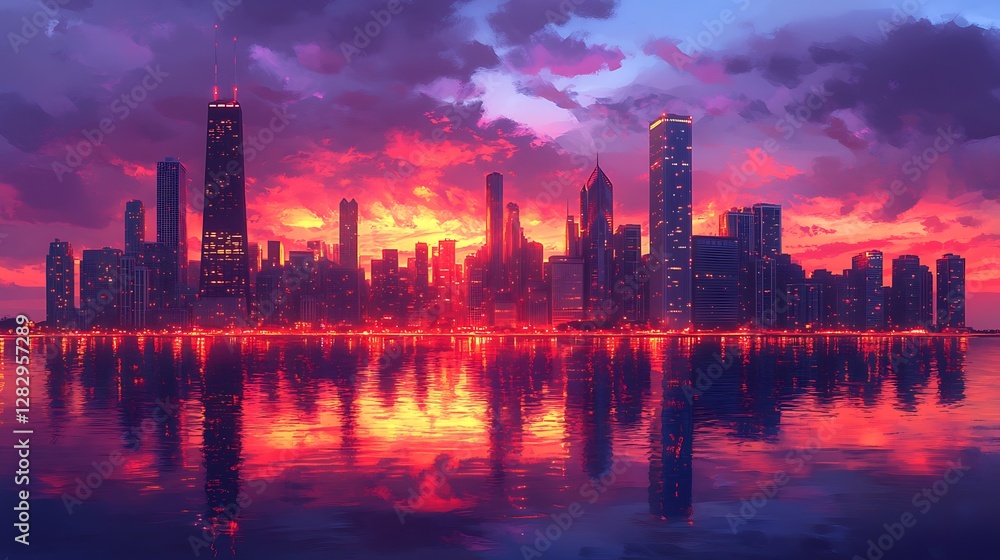 Fototapeta premium Anime-style depiction of the Chicago skyline at dusk, skyscrapers glowing with warm lights, vibrant hues of orange and purple in the sky, serene reflections on the calm waters of Lake Michigan,