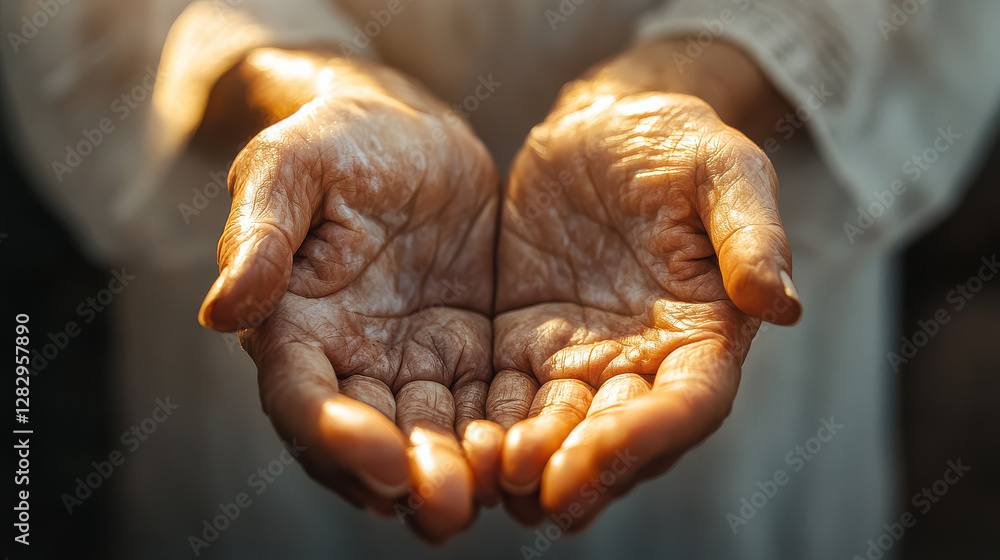 A close-up of a praying figure's hands, fingers intertwined in a solemn moment of devotion A close-up of a praying figure's hands, fingers intertwined in a solemn moment of devotion