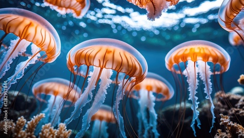 Underwater scene featuring multiple jellyfish with orange and white colors, floating gracefully in a serene marine environment.
