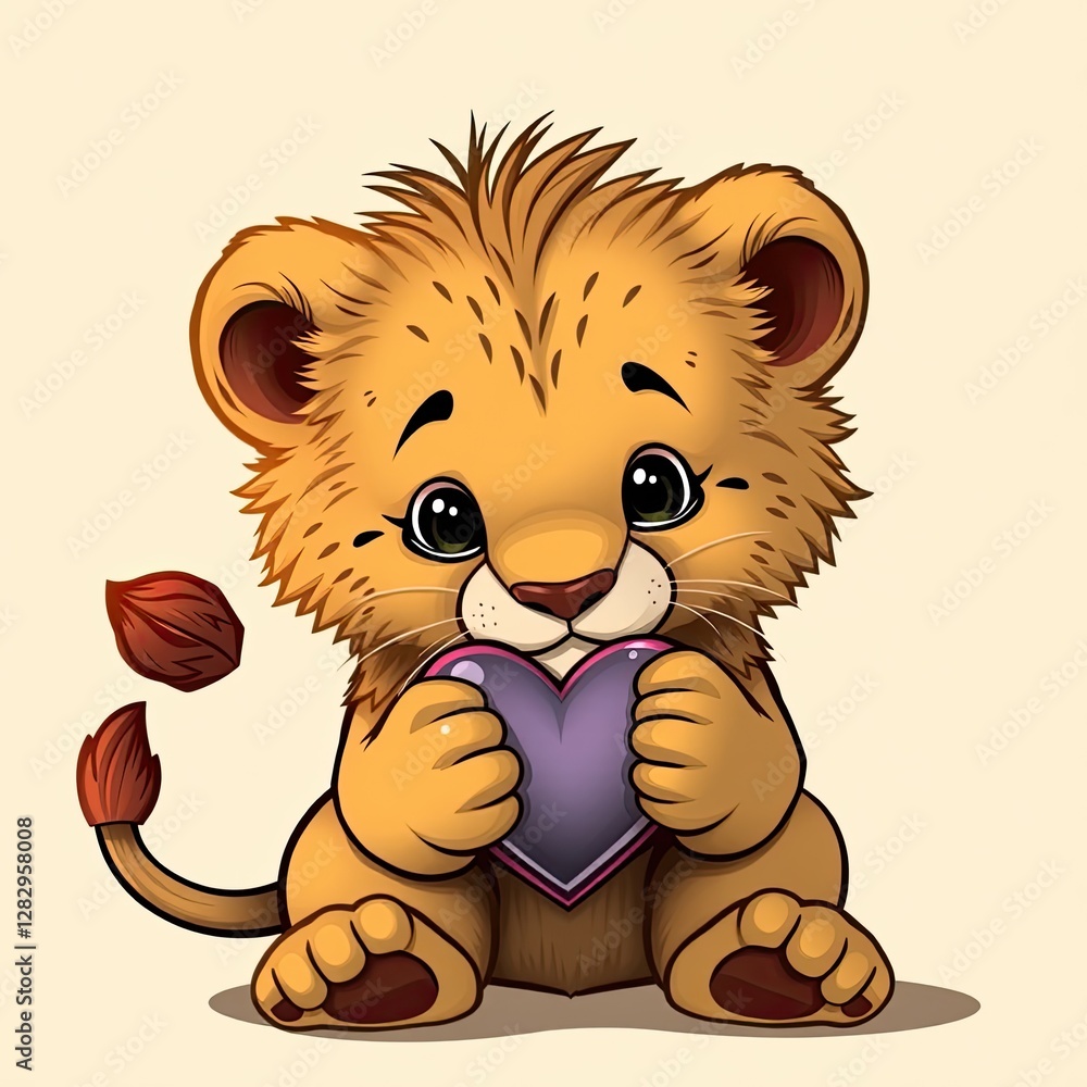 Obraz premium Adorable Lion Cub Holding a Purple Heart
