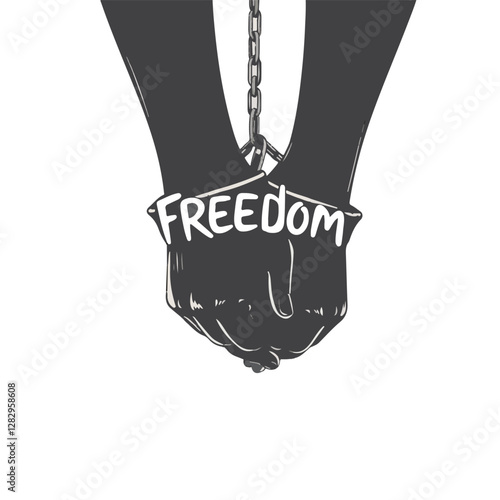 A pair of black silhouette hands chained to a chain 