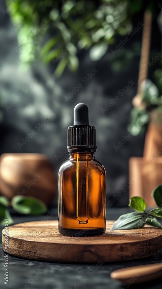 Bottle of essential oil on display, emphasizing natural wellness and aromatherapy in a tranquil setting Bottle of essential oil on display, emphasizing natural wellness and aromatherapy in a tranquil setting